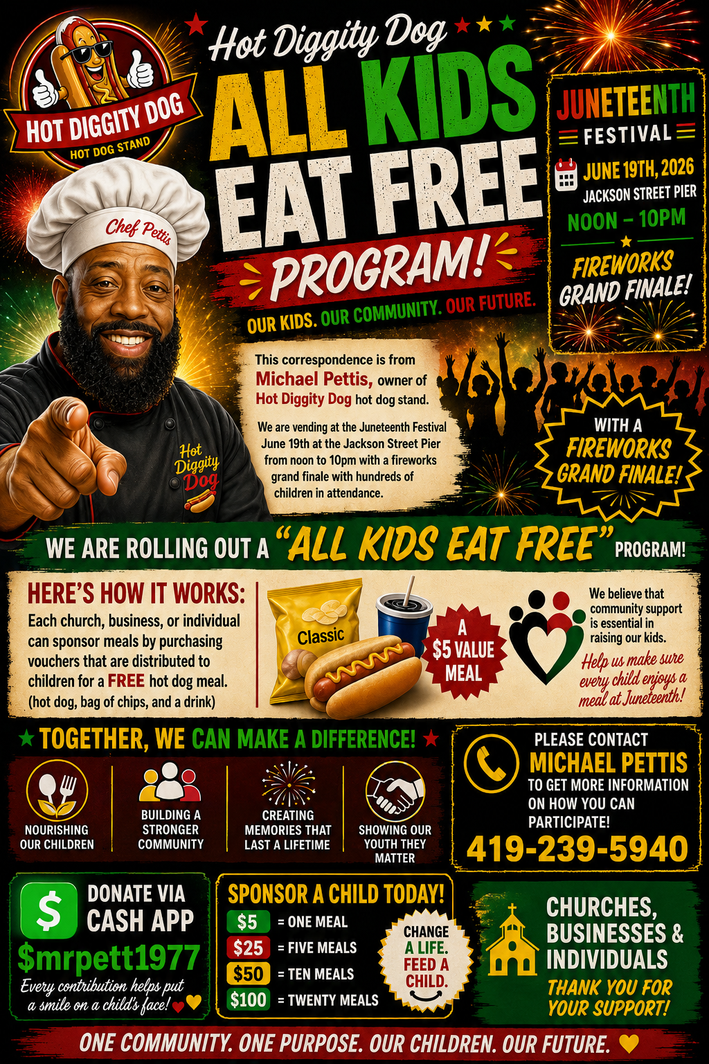 Hot Diggity Dog All Kids Eat Free program flyer